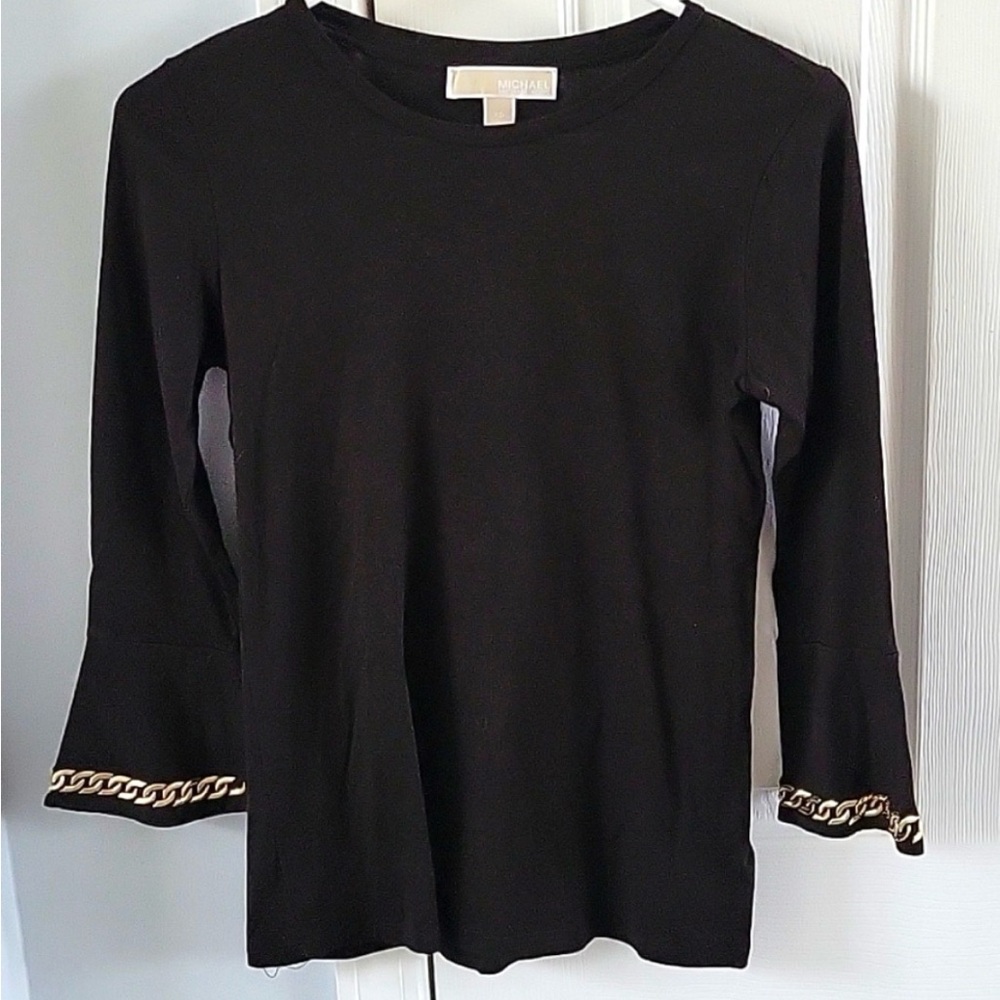 Michael Kors Black Bell Sleeve Top XS Gold Chain Trim Chic Blouse